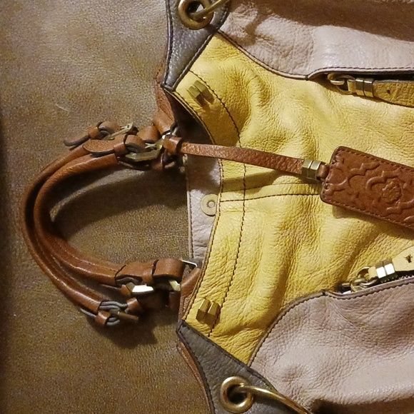 OrYany handbag hobo large genuine leather color block yellow taupe brown - Picture 3 of 10